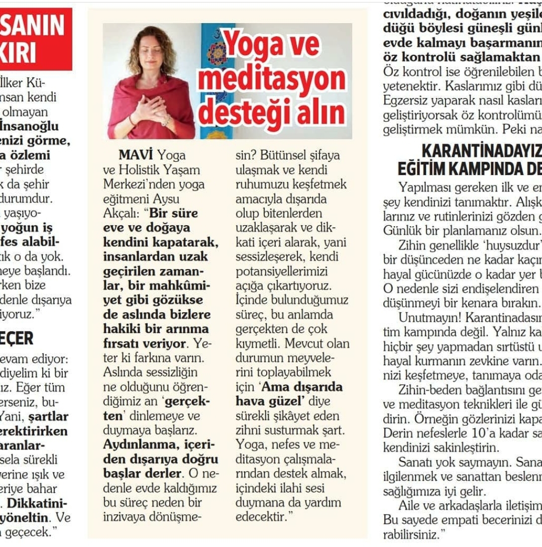 Gazetelerde Online Yoga Mavi Yoga Urla Yoga Aysun Akali, YOGA VE MEDTASYON DESTE ALIN - Fulya Soyba
